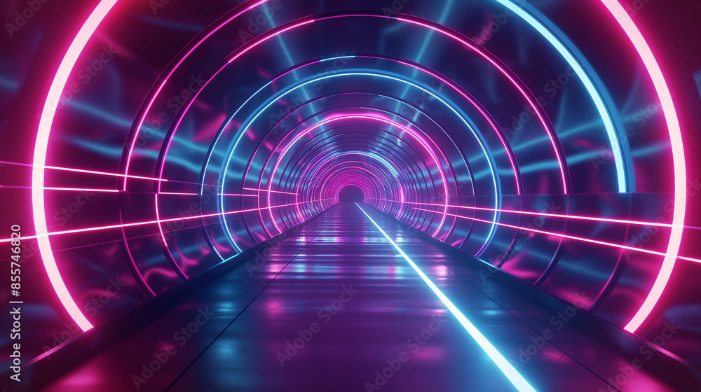 A visually striking neon tunnel in red and pink hues, featuring symmetrical reflections and futuristic design elements