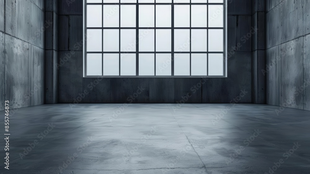 Sunlight streams through large windows in an empty industrial space. Sunlight streams through large windows in an empty industrial space.