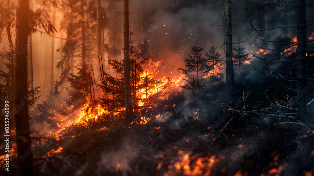 A forest fire is burning in the woods A forest fire is burning in the woods
