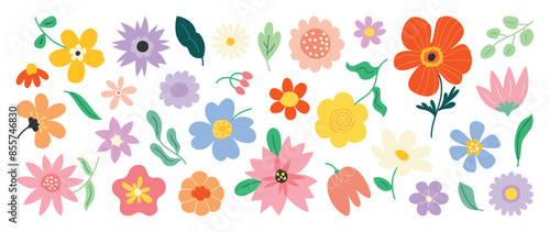 Wallpaper Mural Collection of spring colorful flower elements vector. Set floral of wildflower, leaf branch, foliage on white background. Hand drawn blossom illustration for decor, easter, sticker, clipart, print. Torontodigital.ca