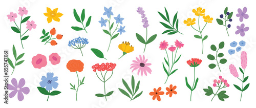 Collection of spring colorful flower elements vector. Set floral of wildflower, leaf branch, foliage on white background. Hand drawn blossom illustration for decor, easter, sticker, clipart, print.