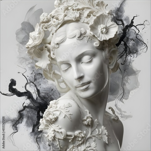 A portrait of a serene woman, eyes closed, made from glossy white porcelain, adorned with floral carvings and ink style branches.