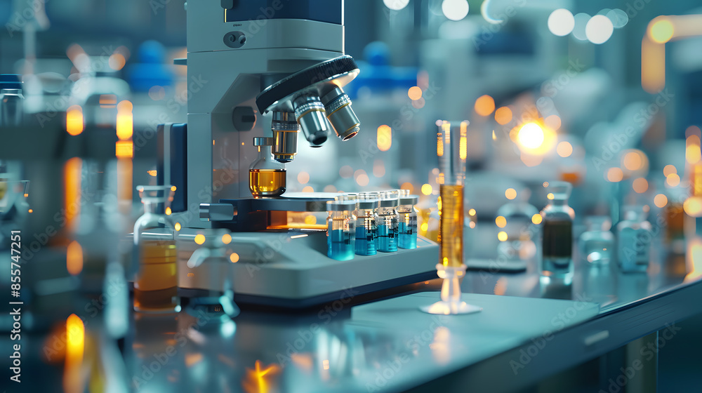 A lab with many bottles and a microscope A lab with many bottles and a microscope