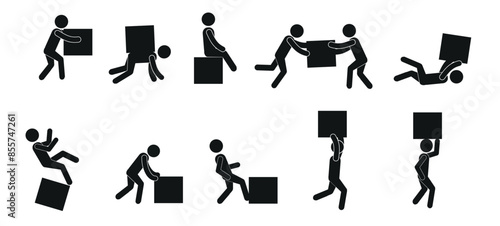 a set of flat illustrations of a man with a box, in different poses, carrying a box, moving, sitting on a box, pictogram