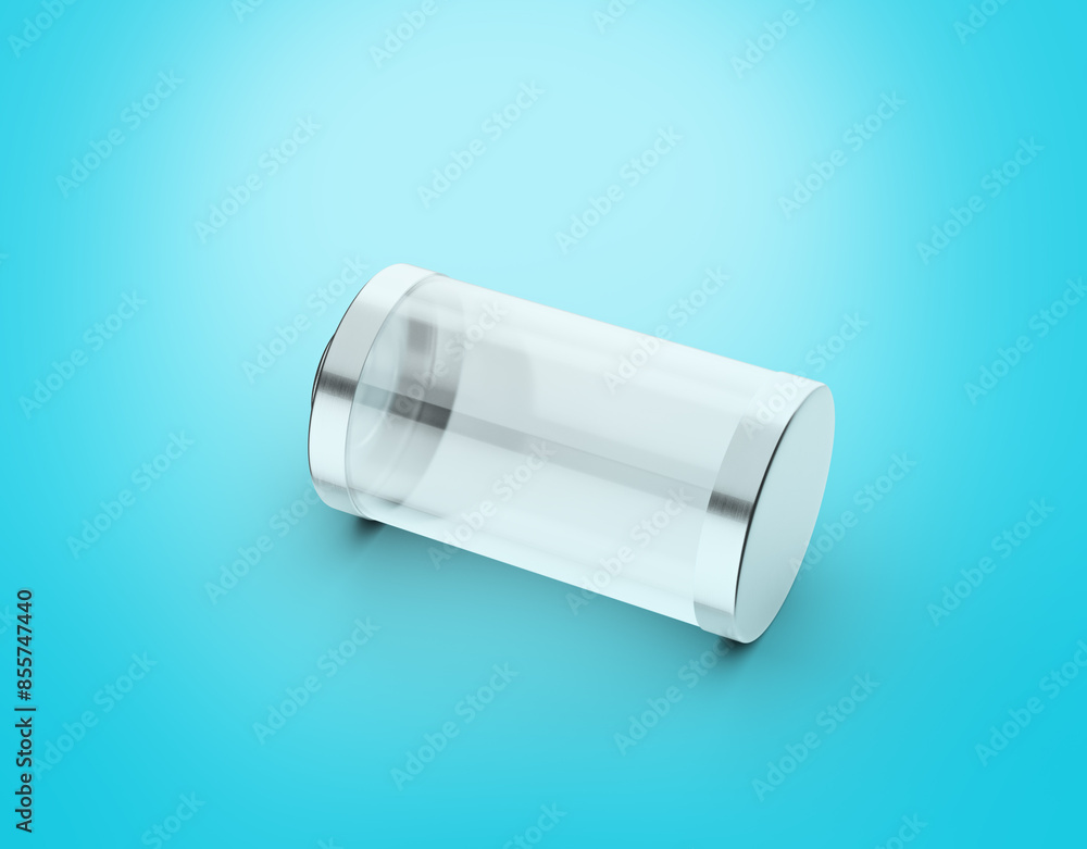 Transparent Shiny Empty Glass Battery Cell With Gray Metal Caps On Cyan Background 3d Illustration Transparent Shiny Empty Glass Battery Cell With Gray Metal Caps On Cyan Background 3d Illustration