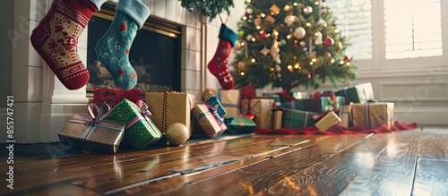 Decorated upmarket home at Christmas with colorful stockings on the mantelpiece, a tree and pile of colorful gifts, low angle view with copy space on the hardwood floor photo