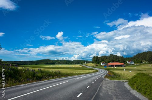Scandinavian rural landscape, Asphalt road with white markings going through picturesque farmland with farm houses by the forest, Summer sunny day, Västra Götaland County, Sweden