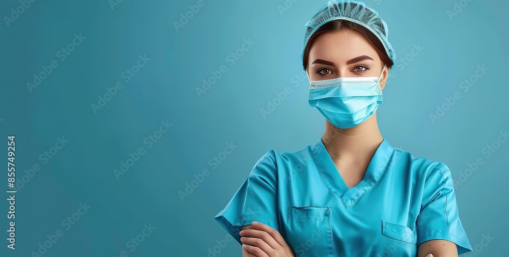 Photo of a Nurse in Scrubs and Mask Standing with Arms Crossed on Blue Background - Healthcare Worker Safety During the Pandemic Photo of a Nurse in Scrubs and Mask Standing with Arms Crossed on Blue Background - Healthcare Worker Safety During the Pandemic
