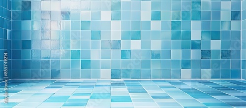 Blue light ceramic wall checkered and floor tiles mosaic background in bathroom and kitchen. Design pattern geometric with grid wallpaper texture decoration. Simple seamless abstract surface clean © vxnaghiyev