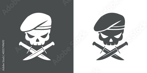 Símbolo de las fuerzas especiales. Logo con calavera con boina militar con cuchillos de combate cruzados