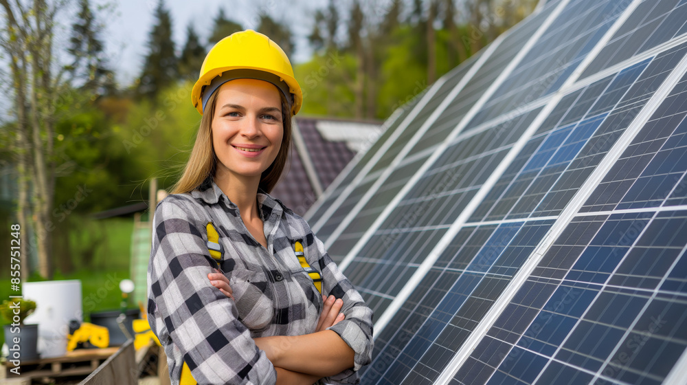 Confident tradeswoman discusses solar panel installation procedures while standing next to array. Confident tradeswoman discusses solar panel installation procedures while standing next to array.