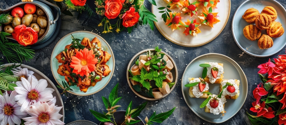 decoration of the festive table. various dishes and snacks decorated with flowers. with copy space image. Place for adding text or design decoration of the festive table. various dishes and snacks decorated with flowers. with copy space image. Place for adding text or design