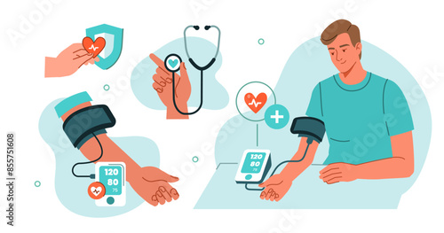 Man with hypertension checking heart health with blood pressure monitor at home. Vector illustration.