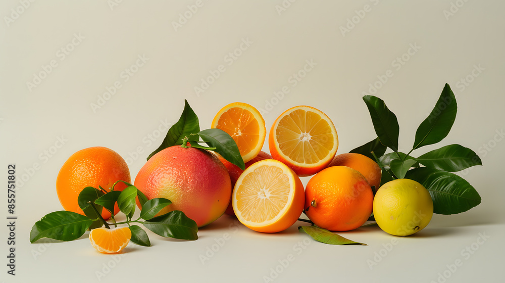 A bunch of fruit including oranges, lemons A bunch of fruit including oranges, lemons