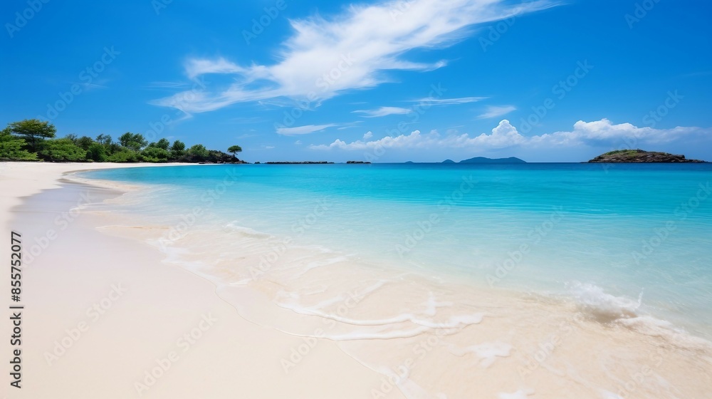 Beautiful Tropical Beach With Crystal Clear Water, Sandy Beach, And Green Islands In The Distance. Generative AI Beautiful Tropical Beach With Crystal Clear Water, Sandy Beach, And Green Islands In The Distance. Generative AI