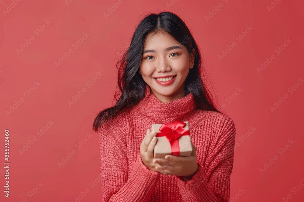 Portrait of a satisfied asian woman in her 30s holding a gift in solid color backdrop Portrait of a satisfied asian woman in her 30s holding a gift in solid color backdrop