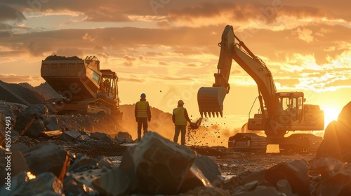 construction workers wearing yellow safety jackets and helmets standing in front of three excavators, all working on the same site with one breaking rocks photo
