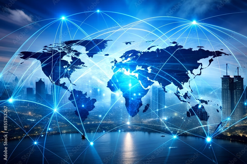 abstract world map concept of global network and connectivity international data transfer and cyber technology  