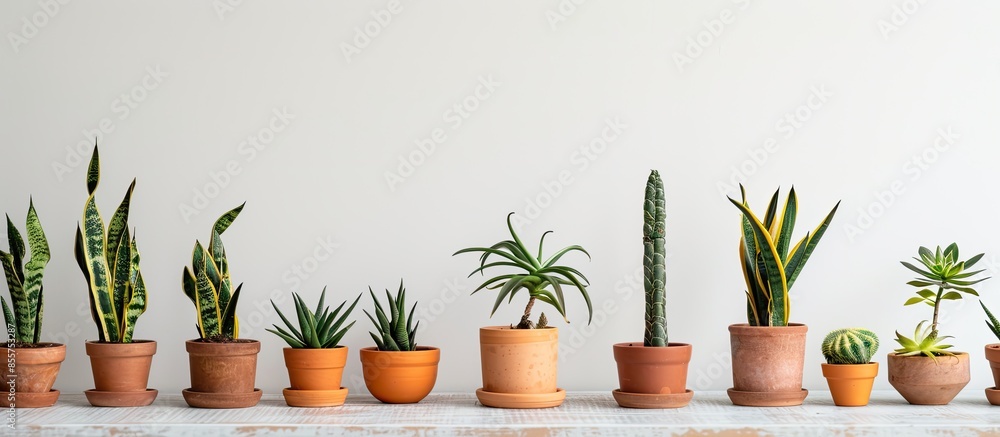 Obraz premium Various type of sansevieria plants. Sansevieria now included in genus Dracaena is known as snake plant, mother-in-law's tongue, devil's tongue, jinn's tongue, bow string. with copy space image