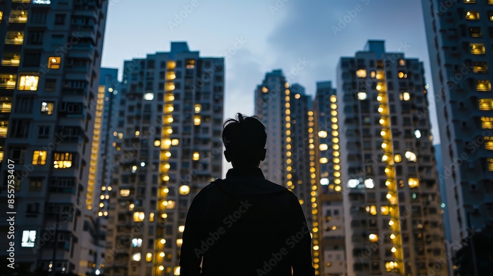 Back view silhouette against a backdrop of modern residential high-rises Back view silhouette against a backdrop of modern residential high-rises