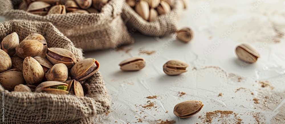 Small sacks of burlap filled with unshelled almonds and rousted pistachios seeds with shell lie on a white table. pastel background. with copy space image. Place for adding text or design Small sacks of burlap filled with unshelled almonds and rousted pistachios seeds with shell lie on a white table. pastel background. with copy space image. Place for adding text or design