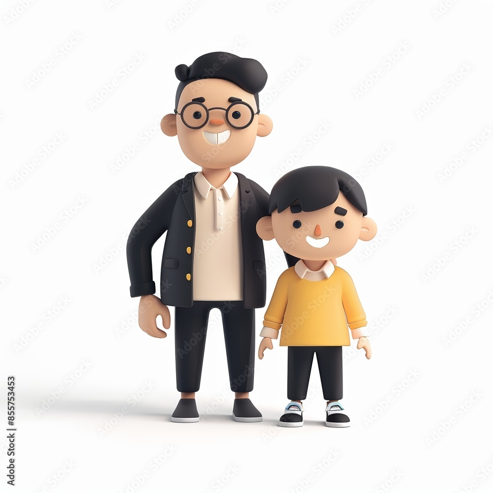 3D illustration of a smiling man and child in casual clothing, standing together and posing happily against a white background. 3D illustration of a smiling man and child in casual clothing, standing together and posing happily against a white background.