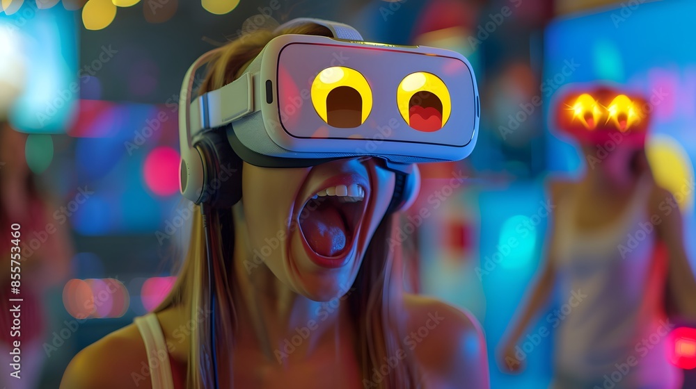Excited Woman Experiencing Virtual Reality with Colorful Graphics in a VR Arcade Excited Woman Experiencing Virtual Reality with Colorful Graphics in a VR Arcade