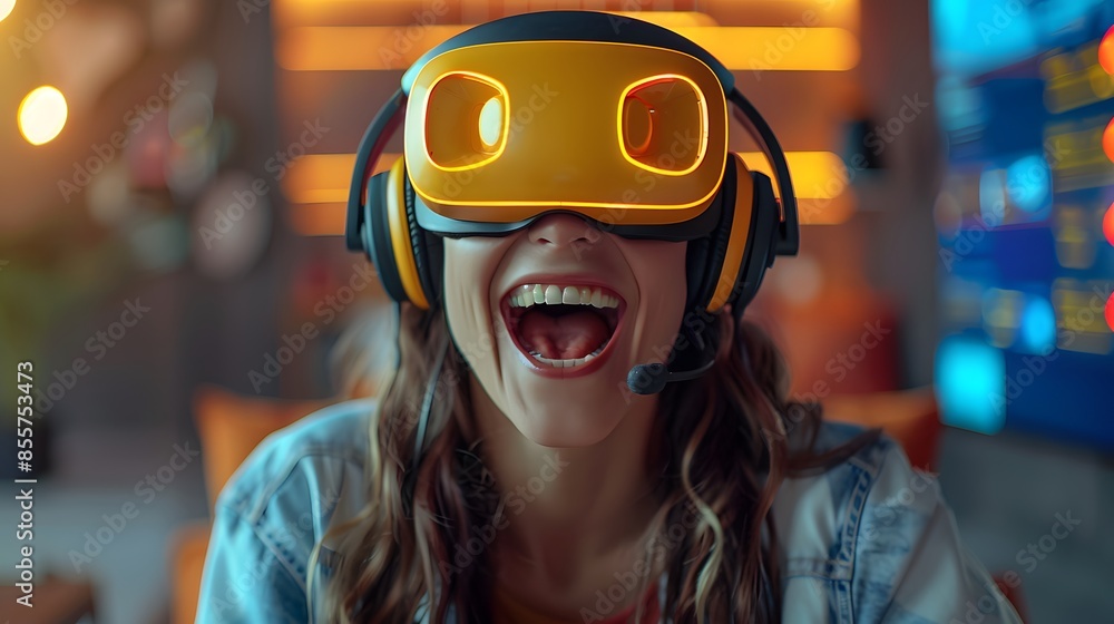 Young woman excitedly plays VR games with headset and headphones at home. Young woman excitedly plays VR games with headset and headphones at home.
