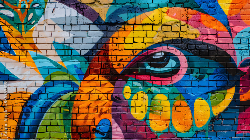 A colorful mural of a face with a large eye A colorful mural of a face with a large eye