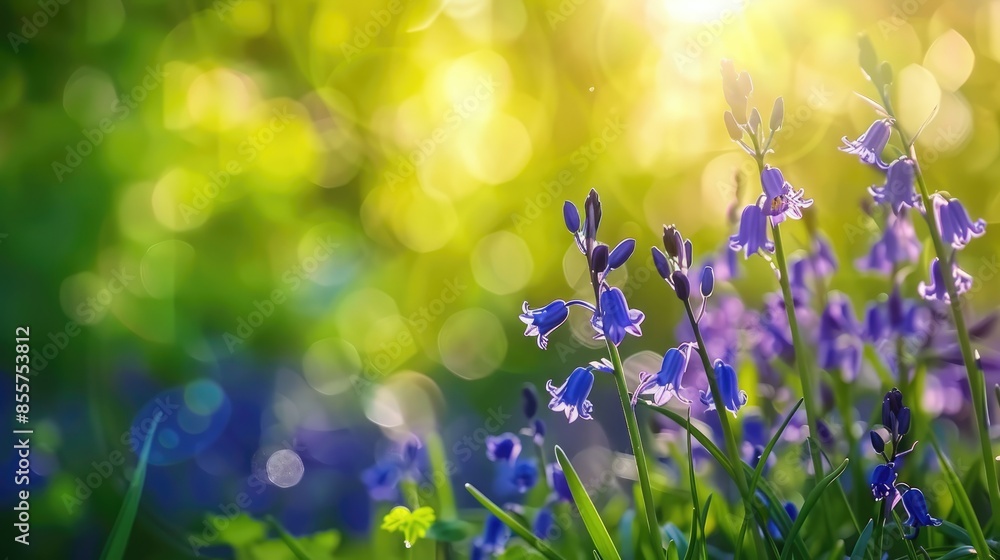 Fototapeta premium Outdoor picture of bluebells in garden with blurry green background on a sunny spring day