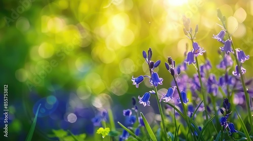Outdoor picture of bluebells in garden with blurry green background on a sunny spring day