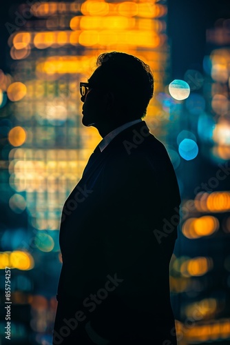 Business professional silhouette against a backdrop of office lights.