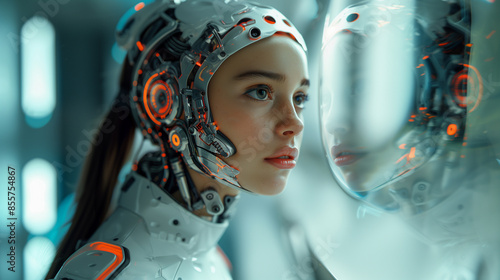 A cyborg woman with a mechanical head and glowing orange accents stands in a futuristic setting, gazing pensively into a reflective surface photo