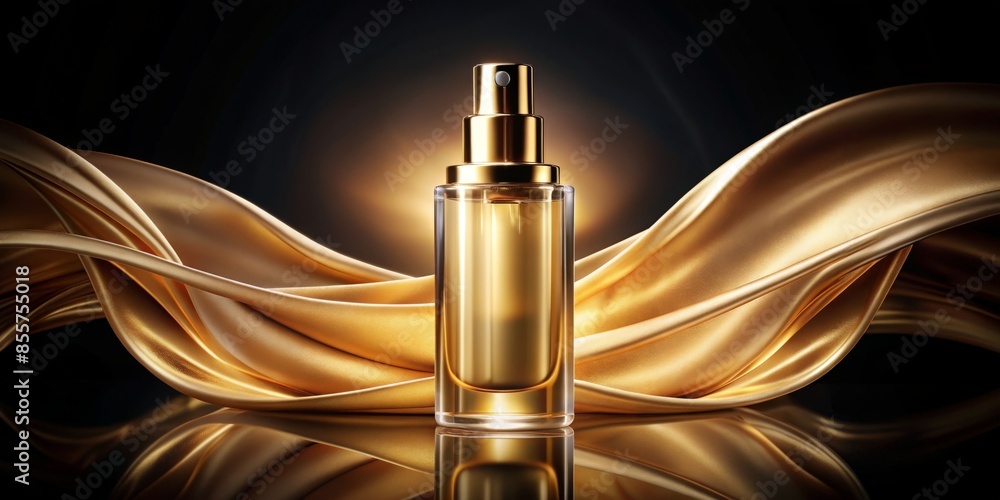 Perfume bottle with golden flower on black background Perfume bottle with golden flower on black background