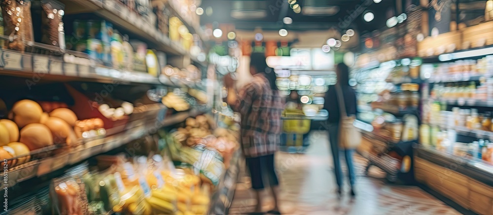 Fototapeta premium Blurred interior home furniture with people background, Supermarket with customer. with copy space image. Place for adding text or design