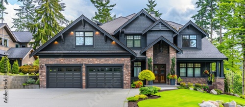 Luxury house with a two-car garage and beautiful landscaping on a sunny day. Home exterior. Copy space image. Place for adding text or design