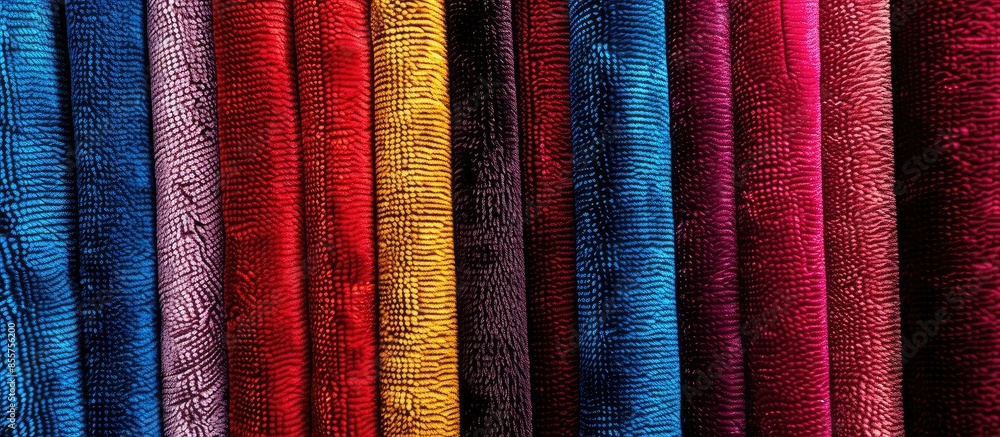 Colorful patterns of upholstery fabric. Close-up of samples of furniture fabric. Multicolored soft velour. Furniture industry. Background texture. With free space for text. Colorful patterns of upholstery fabric. Close-up of samples of furniture fabric. Multicolored soft velour. Furniture industry. Background texture. With free space for text.