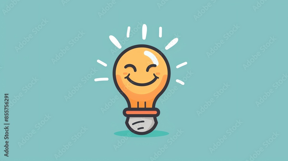 Cute cartoon light bulb with a smiling face and glowing rays on a teal background. Symbol of creativity and innovative ideas. Cute cartoon light bulb with a smiling face and glowing rays on a teal background. Symbol of creativity and innovative ideas.