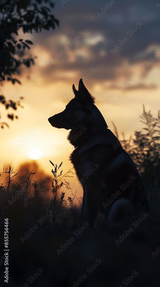 Silhouette of a dog sitting in nature during sunset with a beautiful sky and serene atmosphere. Perfect for pet and outdoor-themed uses. Silhouette of a dog sitting in nature during sunset with a beautiful sky and serene atmosphere. Perfect for pet and outdoor-themed uses.