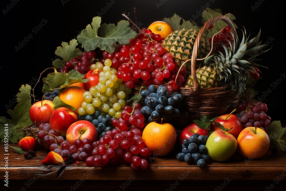 still life with bunches of grapes, berries and fresh and juicy fruits against a dark old wooden background, rural vintage style, the concept of fresh and healthy food still life with bunches of grapes, berries and fresh and juicy fruits against a dark old wooden background, rural vintage style, the concept of fresh and healthy food