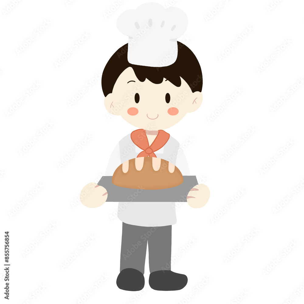 Cartoon of a baker chef holding a tray of bread. Cartoon of a baker chef holding a tray of bread.