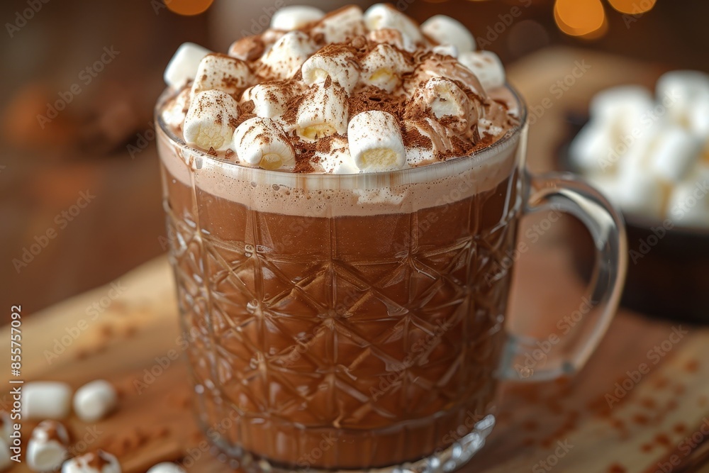A glass of rich hot chocolate topped with whipped cream and marshmallows. A glass of rich hot chocolate topped with whipped cream and marshmallows.