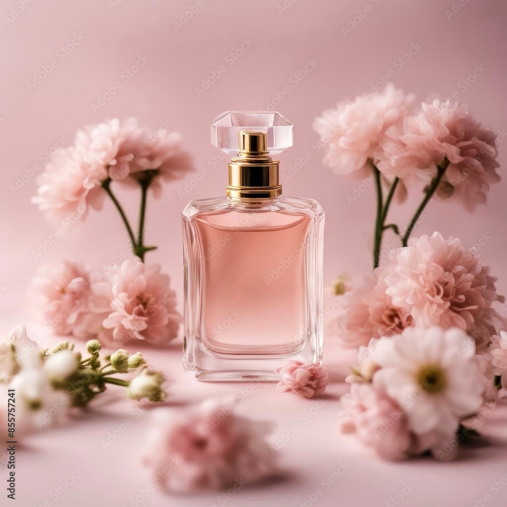 An elegant perfume bottle surrounded by soft pink flowers creates a dreamy and luxurious vibe An elegant perfume bottle surrounded by soft pink flowers creates a dreamy and luxurious vibe