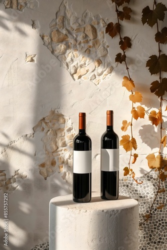 2 bottles of wine standing on a simple podium On the background is a white wall with Italian mosaics and grape vine