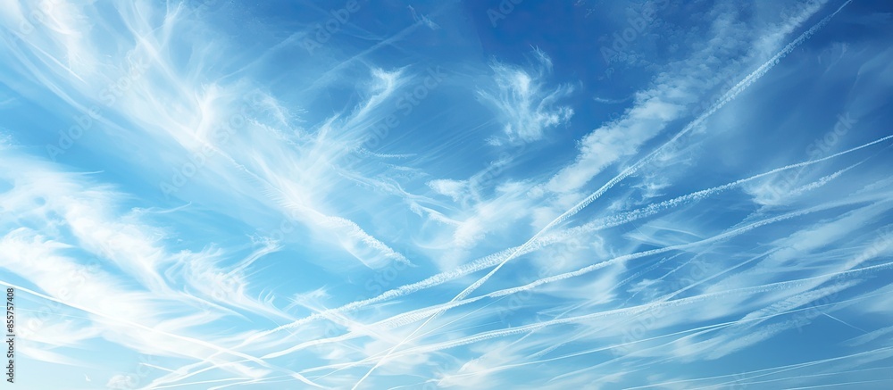 Obraz premium Clear blue sky with cirrus clouds and plane tracks. Abstract natural pattern, texture, close-up. Concept art, meteorology, ecology, climate change, religion, heaven, graphic resources
