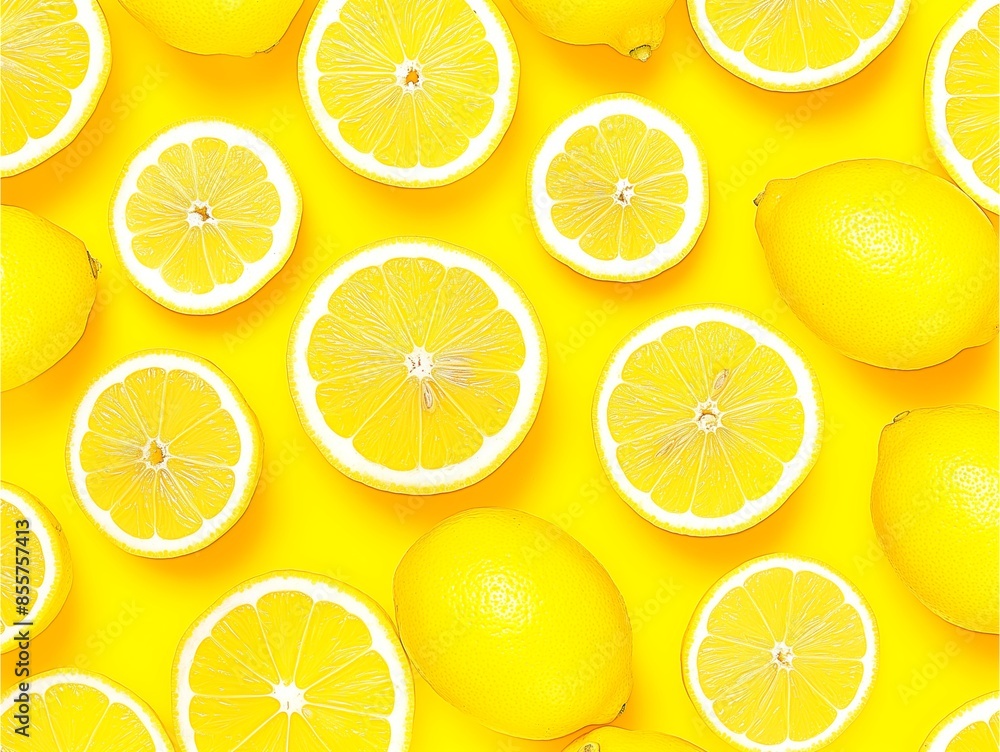 Fresh Lemons And Lemon Slices Pattern on Yellow Background Fresh Lemons And Lemon Slices Pattern on Yellow Background