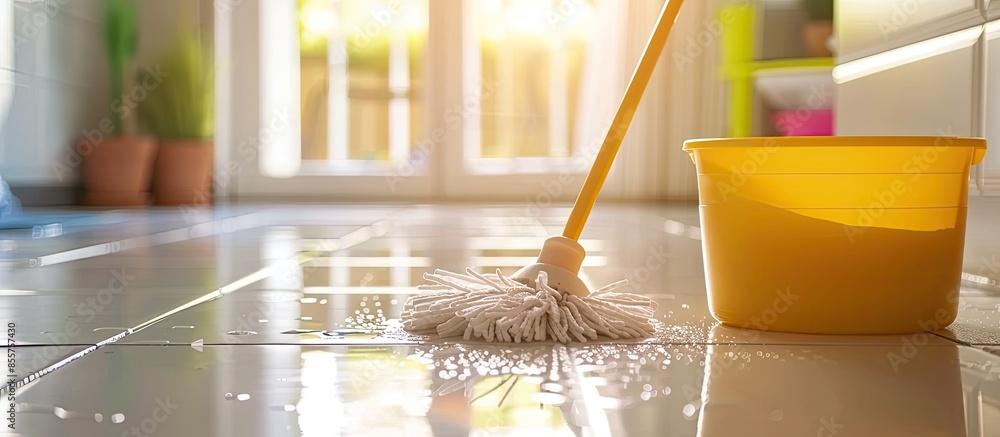 Tiles floor washing with mop in the kitchen. Regular clean up. Maid cleans house. with copy space image. Place for adding text or design