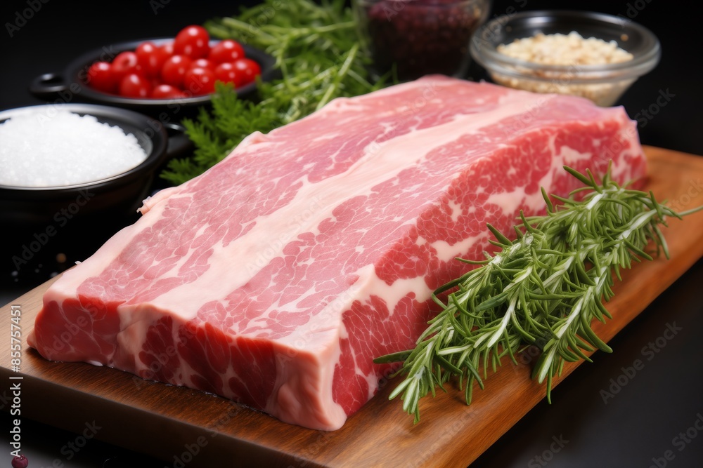 Fototapeta premium raw meat and vegetables and herbs on a wooden board, delicious food