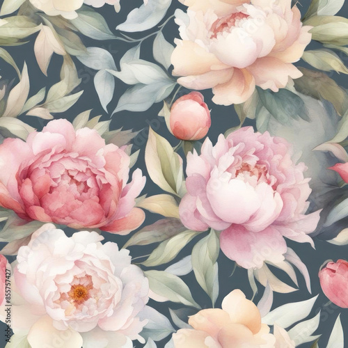 Elegant floral artwork featuring delicate pastel peonies and lush green leaves against a dark background