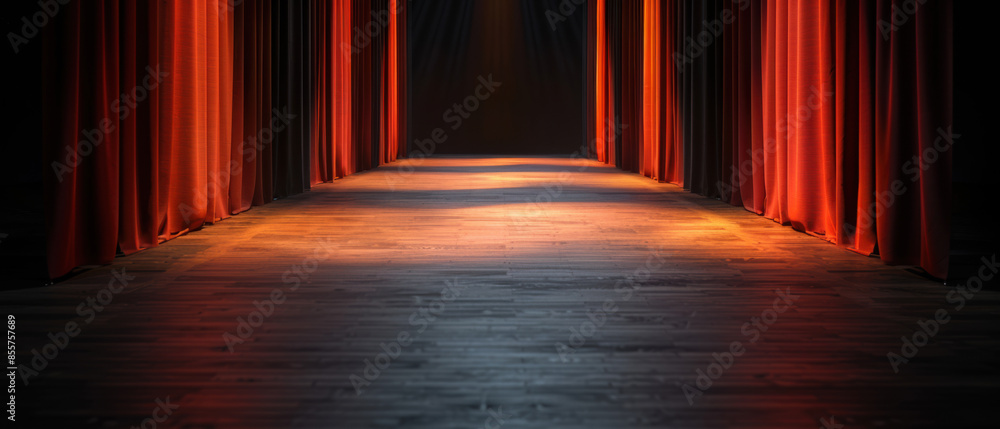 Fototapeta premium A long red curtain with a black curtain in the middle